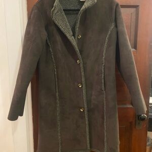LL Bean Coat Womens Small Sherpa Lined Faux Suede Shearling Jacket Peacoat green